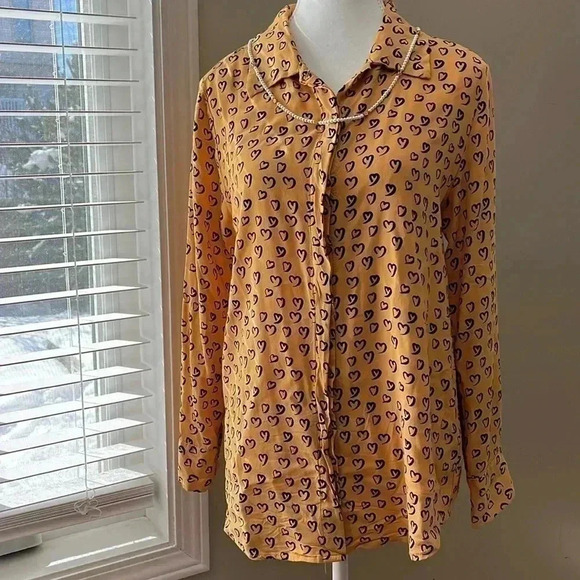 ❤️2/$30❤️[M]Velvet Heart Yellow Button Down  Rayon Heart patterns L/S Shirt - Picture 1 of 15